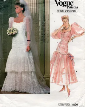 Vogue Bridal Original 1826 Womens Bridal Bridesmaids Evening Gown with Boned Ruched Corset Bodice 1980s Vintage Sewing Pattern Size 10 Bust 32.5 Inches