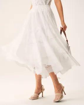 White Lace Elastic Waist Midi Skirt