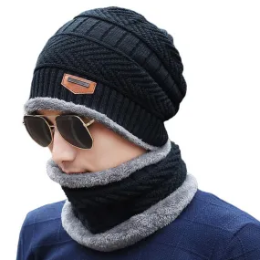 Winter Warm Knitted Beanie and Warm Scarf Set for Man - Black Color