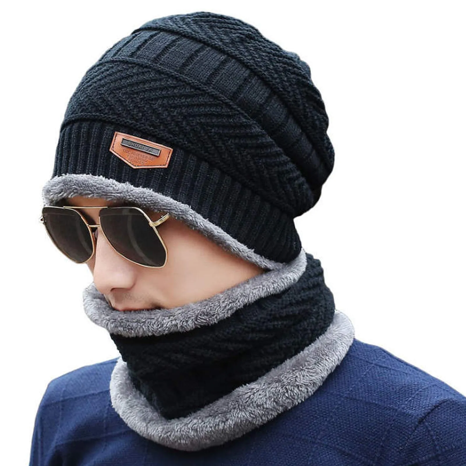 Winter Warm Knitted Beanie and Warm Scarf Set for Man - Black Color