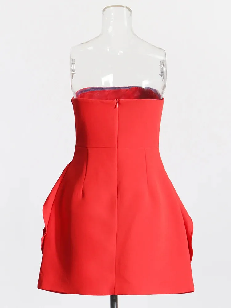 Women Strapless Patchwork Appliques Mini Dress