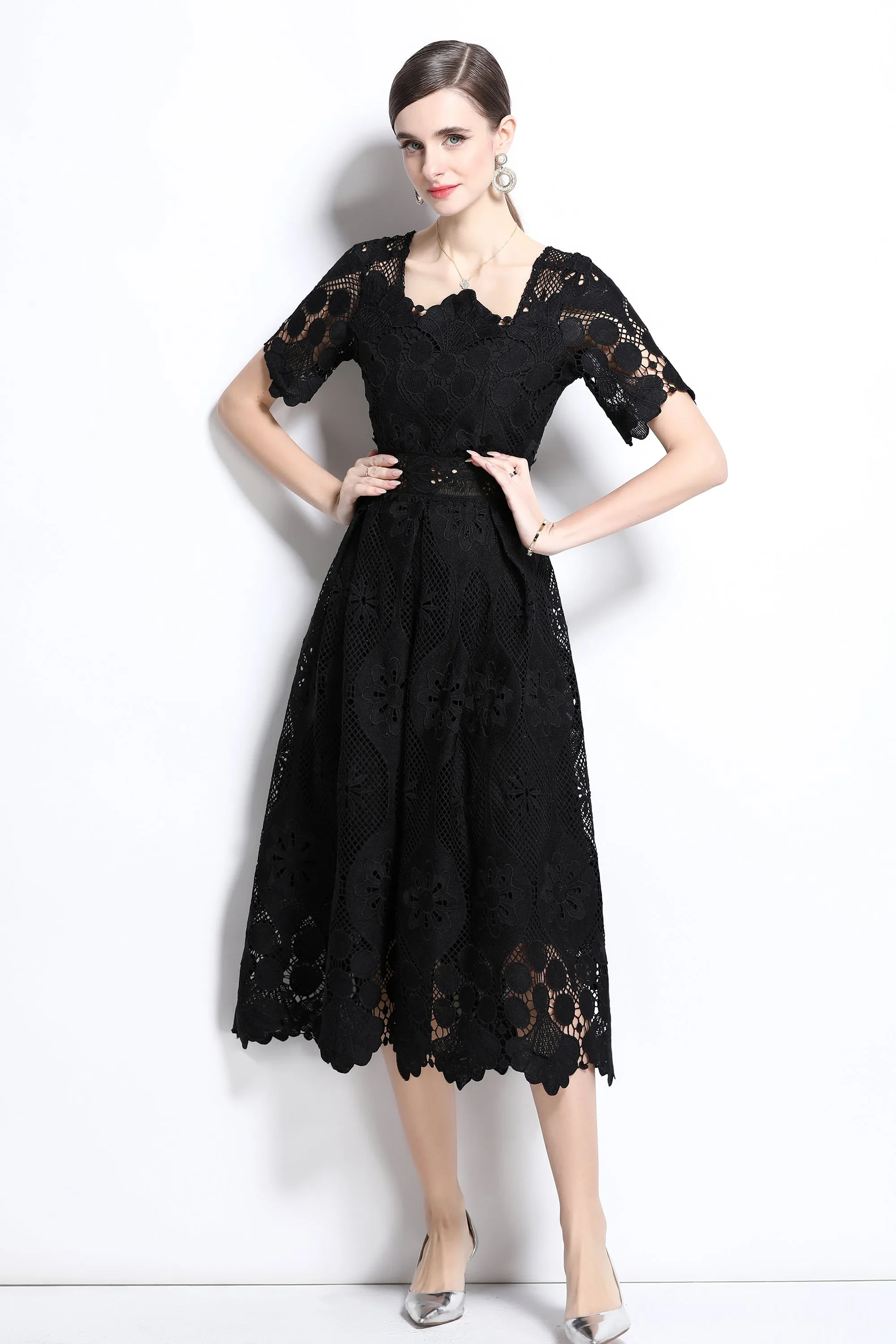 Women's Lace Hollow Solid Color Midi Dress