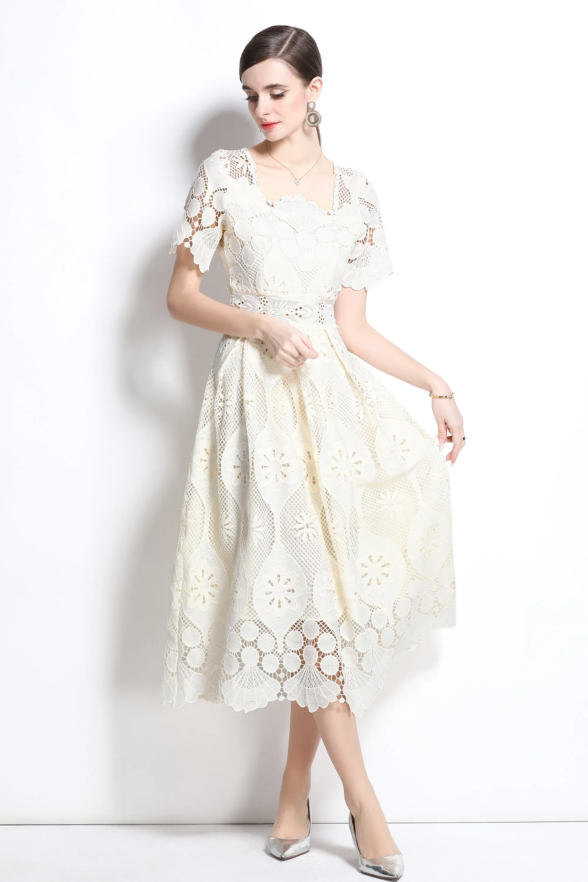 Women's Lace Hollow Solid Color Midi Dress