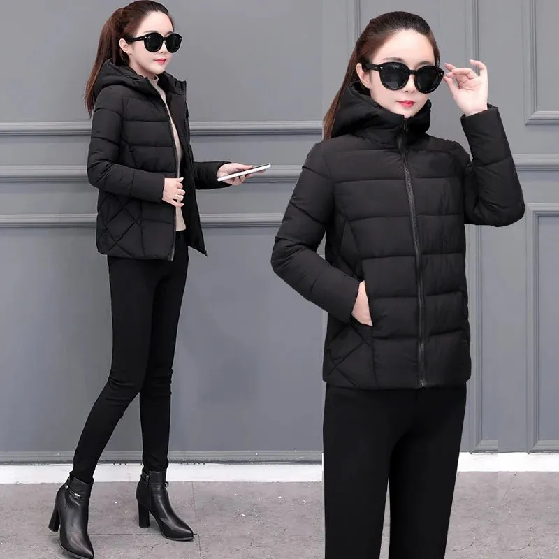 Women's Lightweight Down Cotton Hooded Jacket Warm Loose Short Outerwear
