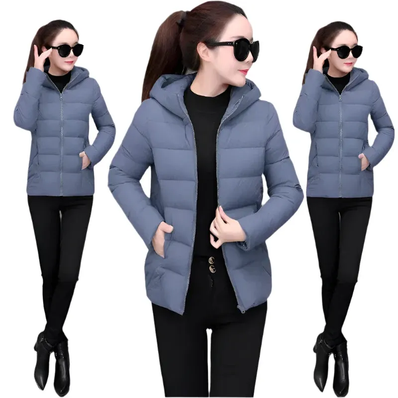 Women's Lightweight Down Cotton Hooded Jacket Warm Loose Short Outerwear