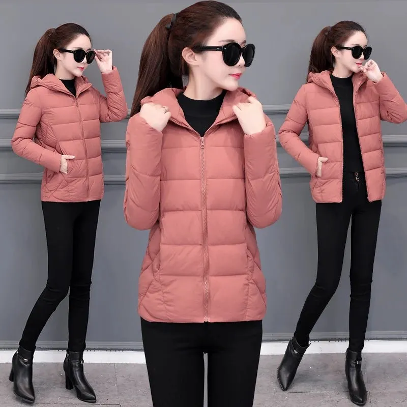 Women's Lightweight Down Cotton Hooded Jacket Warm Loose Short Outerwear