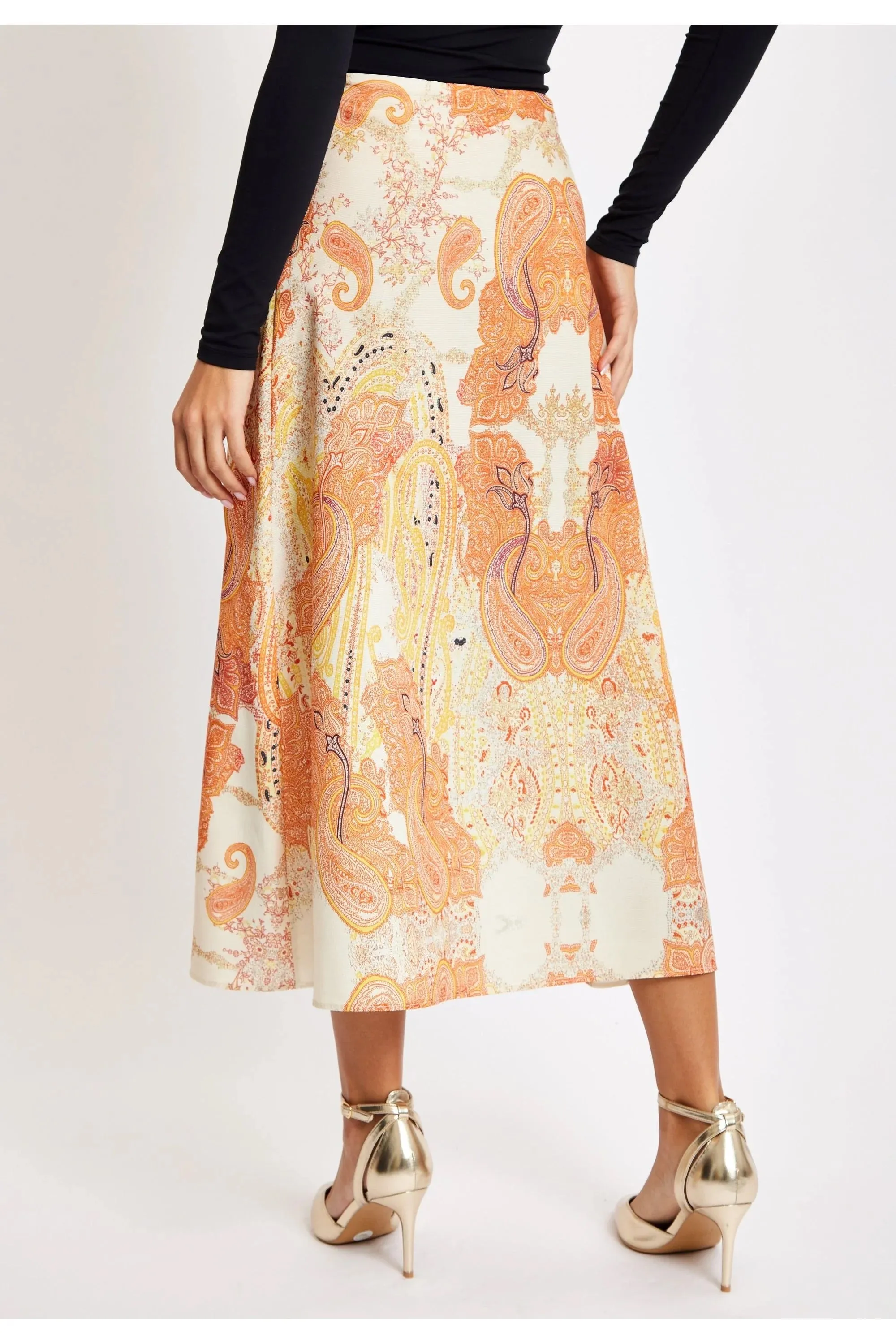 Women's Orange Abstract Print Midi Skirt with Front Slit for Holidays - Liquorish
