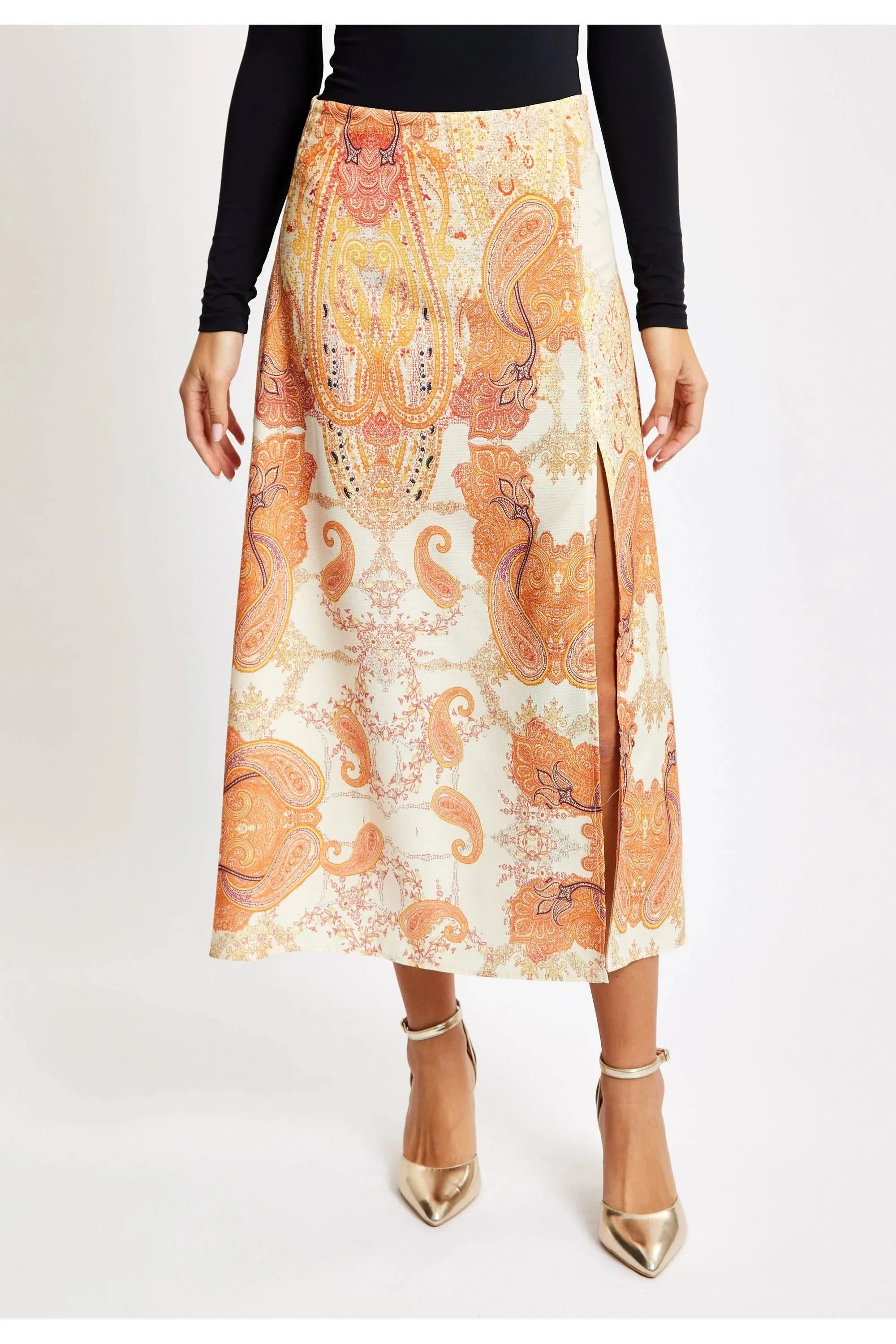 Women's Orange Abstract Print Midi Skirt with Front Slit for Holidays - Liquorish