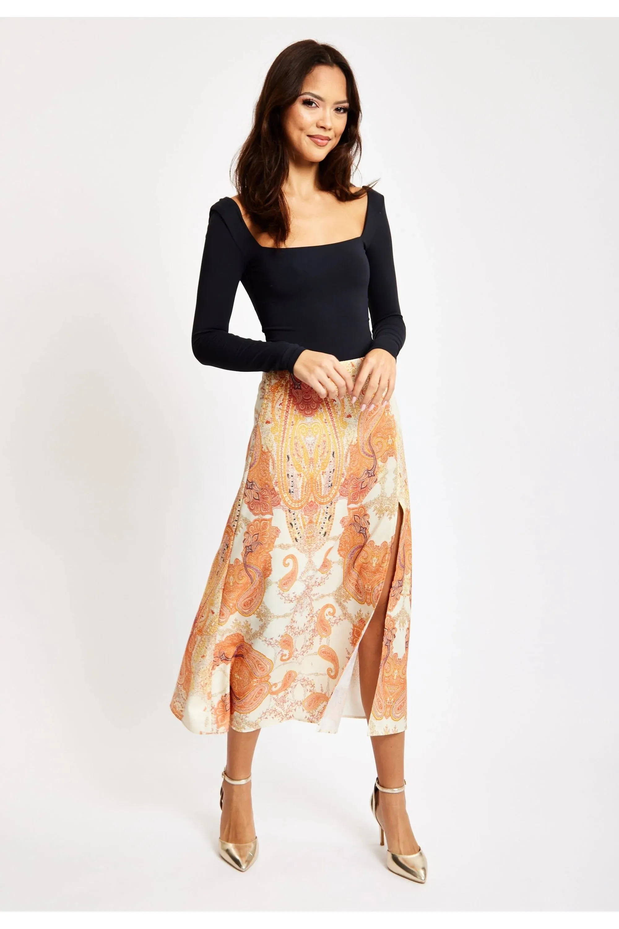 Women's Orange Abstract Print Midi Skirt with Front Slit for Holidays - Liquorish