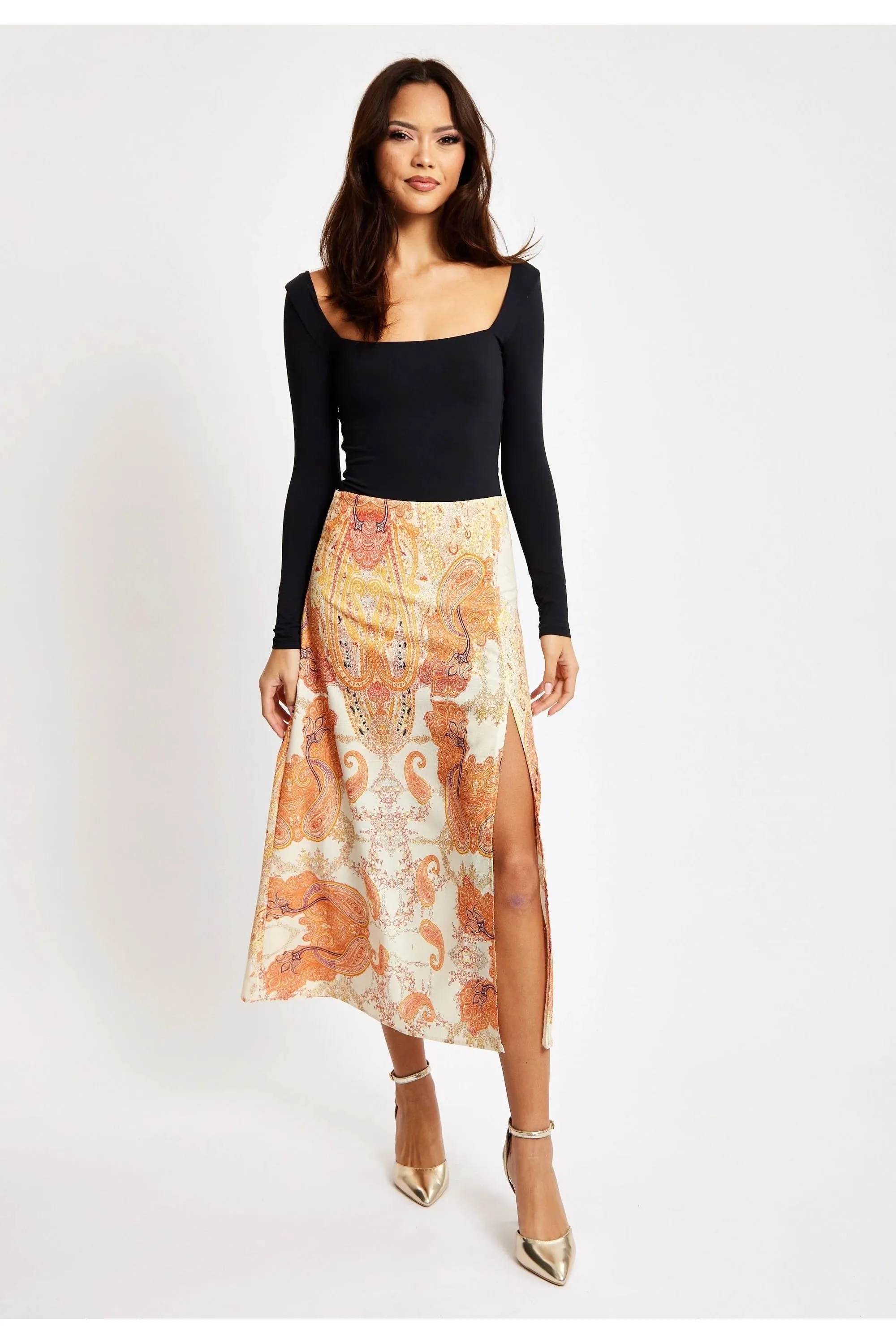 Women's Orange Abstract Print Midi Skirt with Front Slit for Holidays - Liquorish