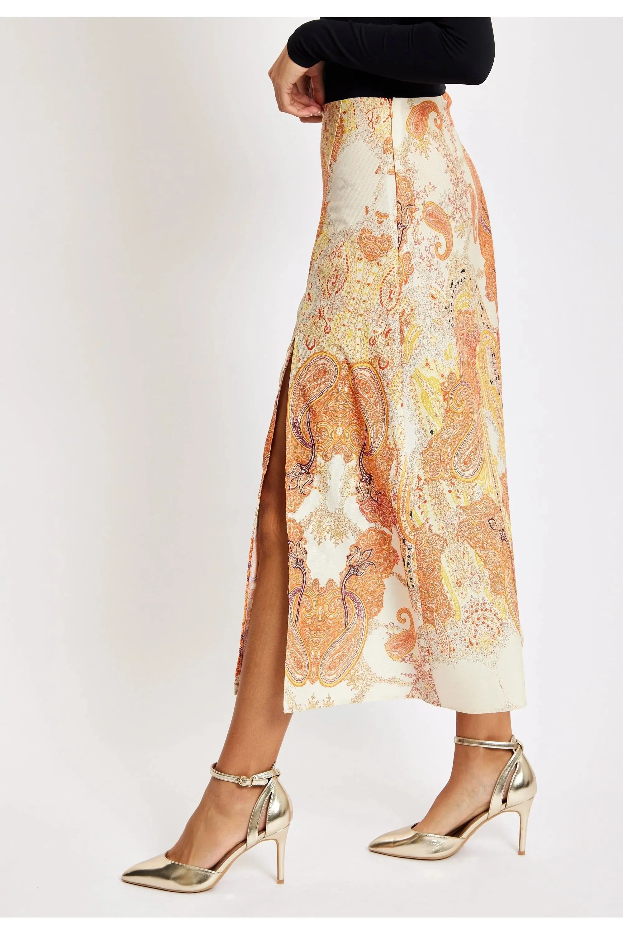 Women's Orange Abstract Print Midi Skirt with Front Slit for Holidays - Liquorish