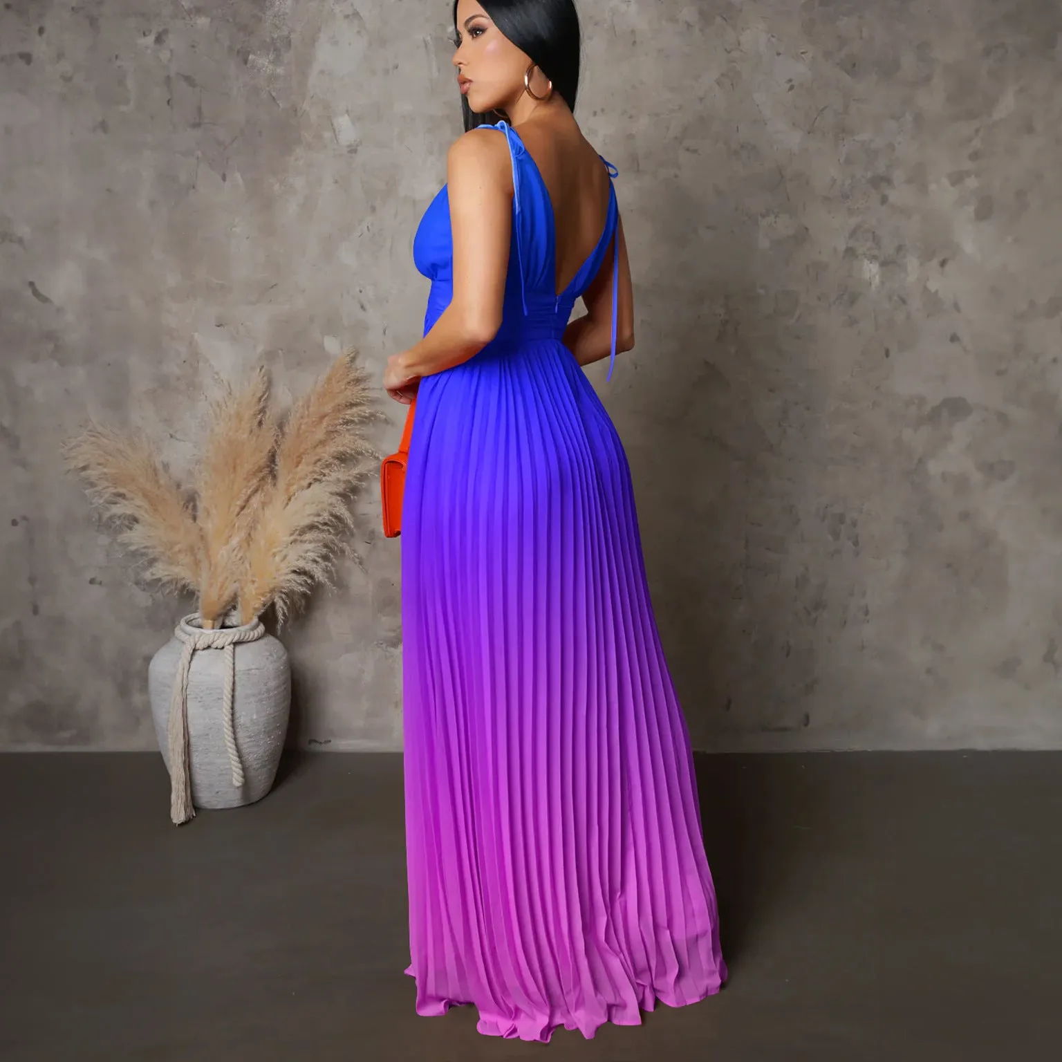 Women's Spaghetti Strap Backless Sexy Gradient Maxi Dress