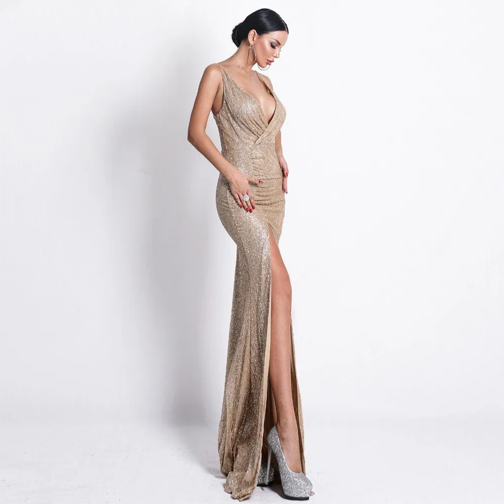 Women's V-Neck Sleeveless Backless Glitter Dress