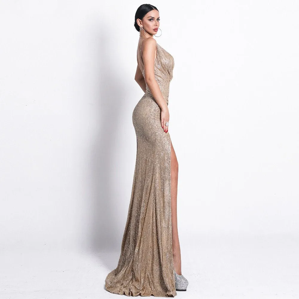 Women's V-Neck Sleeveless Backless Glitter Dress